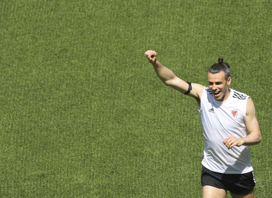 Wales' Gareth Bale gestures during a team training session at the Baku Olympic Stadium.
