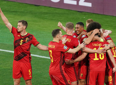 Belgium players celebrate Thorgan Hazard's goal.