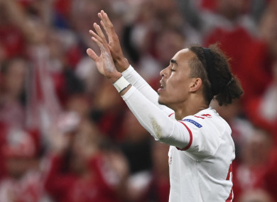 Denmark's Yussuf Poulsen celebrates after scoring.
