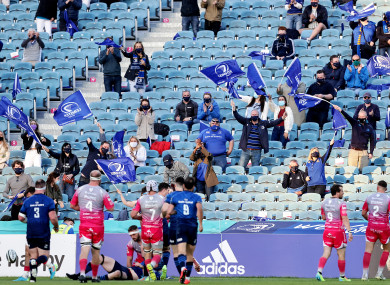 Leinster fans celebrate Ryan Baird's try.