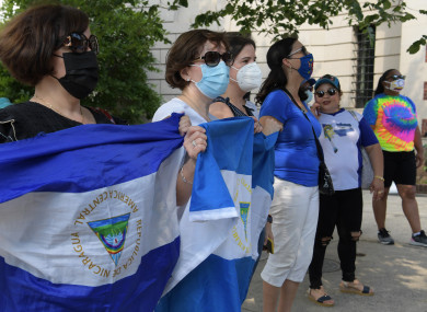 Nicaraguans protest against the dictatorship of the President Ortega Murillo during a rally in front of Embassy of Nicaragua in Washington.