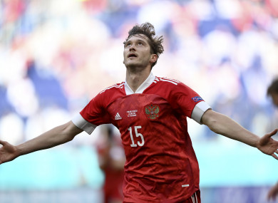 Aleksei Miranchuk celebrates after his goal against Finland.