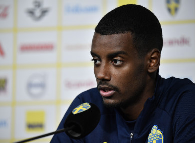 Sweden's Alexander Isak attends a press conference after a training session.