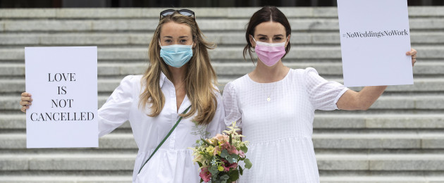 Brides-to-be Ali O'Mara and Orla O'Hundhaigh outside Government Buildings today.
