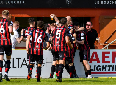Bohs players celebrate Ross Tierney's goal.