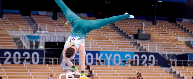 Rhys McClenaghan in action in the men's pommel horse final.