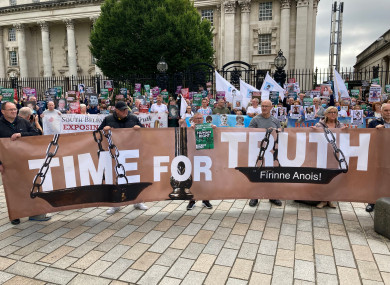 The Time For Truth campaign demonstration outside the courts in Belfast on a national day of action across Ireland against the British government’s proposals for dealing with the past.