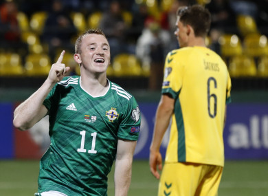 Shayne Lavery wheels away after scoring for Northern Ireland.