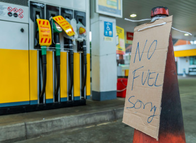 A 'no fuel' sign outside a Shell petrol station near Clapham, South London today.