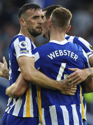 Shane Duffy with Brighton defensive colleagues Adam Webster and Lewis Dunk.