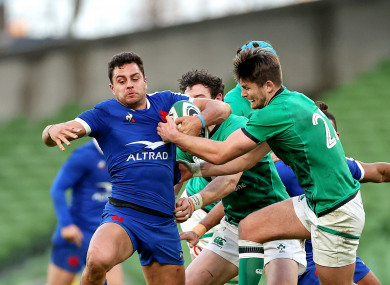 France's Arthur Vincent is tackled by Ross Byrne of Ireland during last February's Six Nations fixture in Dublin.