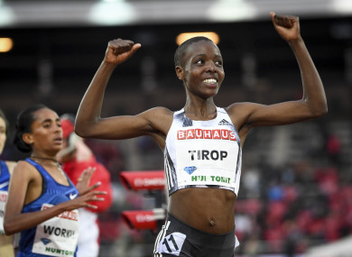 Agnes Tirop of Kenya smiles after winning the women's 1500m race at the IAAF Diamond League meeting at Stockholm Olympic Stadium in 2019.