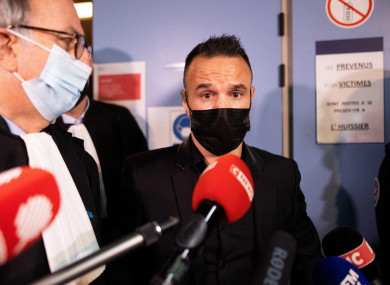 Football player Mathieu Valbuena and his lawyer Paul-Albert Iweins during the trial with Real Madrid soccer team player Karim Benzema and other defendants.