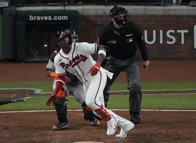 Jorge Soler watches his home run: the Braves moved to within one win of the World Series title.