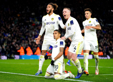 Raphinha celebrates scoring for Leeds.