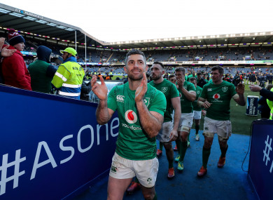 Rob Kearney acknowledges the supporters after Ireland's win against Scotland at Murrayfield in the 2019 Six Nations.