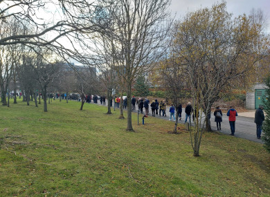 Queues outside the Covid-19 booster clinic at UCD this morning.