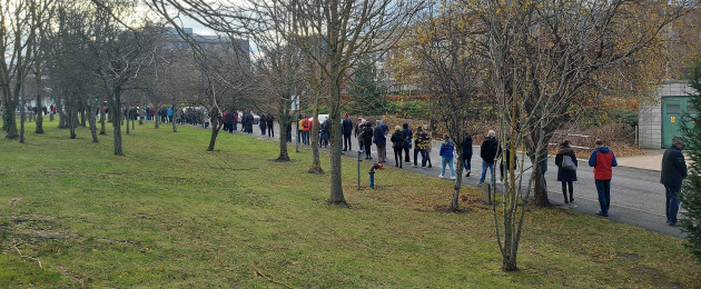 Queues outside the Covid-19 booster clinic at UCD this morning.