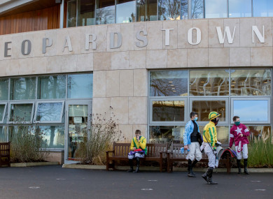 Jockeys waiting at Leopardstown on Sunday.