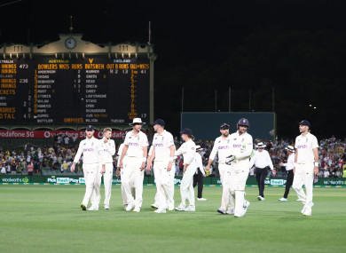 England walk off at the close of play during day three of the second Ashes test at the Adelaide Oval.