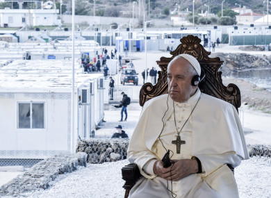 Pope Francis attends a ceremony at the Karatepe refugee camp, on the northeastern Aegean island of Lesbos