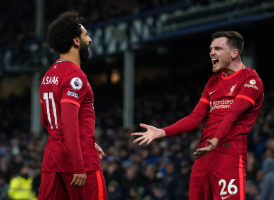 Liverpool's Mohamed Salah (left) celebrates with Andrew Robertson