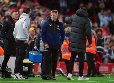 Newcastle United manager Eddie Howe and Liverpool manager Jurgen Klopp (right) after the Premier League match at Anfield.