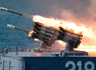 The Russian small anti-submarine ship Aleksin fires weapons during a military parade marking Russian Navy Day last July.