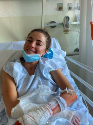 Imogen Cotter pictured in hospital after receiving surgery for her injuries.