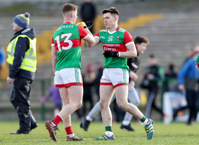 Mayo’s Aiden Orme celebrates after the game with Fergal Boland.
