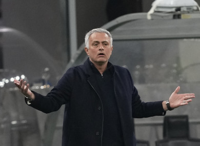 Roma manager Jose Mourinho looks on at their Italian Cup clash with Inter Milan.