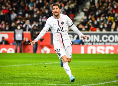 Lionel Messi wheels away after his goal for PSG.