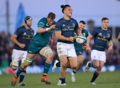 James Lowe races clear to score for Leinster.