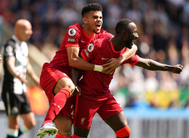 Liverpool's Naby Keita (right) celebrates scoring with team-mate Luis Diaz.