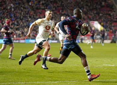 Adeolokun scores for Bristol in the Premiership in February.