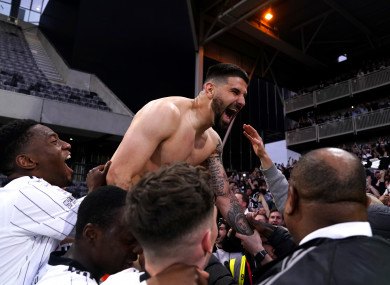 Aleksandar Mitrovic celebrates scoring for Fulham.