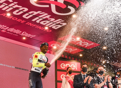 Girmay Biniam celebrates his stage victory on the Girio.