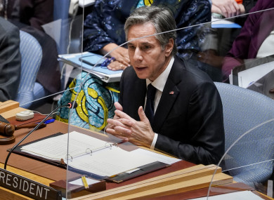 Secretary of State Antony Blinken speaks during a UN Security Council Meeting on Food Insecurity and Conflict.