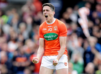 Rory Grugan celebrates at the final whistle as Armagh defeated Tyrone.