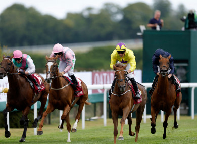 Sea La Rosa (second from right) ridden by jockey Tom Marquand on the way to winning the Qatar Lillie Langtry Stakes on day five of the Qatar Goodwood Festival 2022.